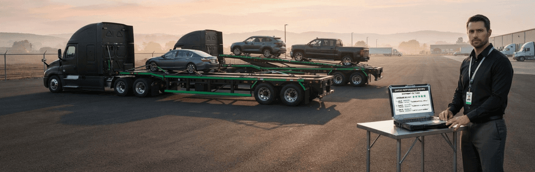 Agent standing at a laptop table in front of a semi hauling pickups and SUVs at sunrise