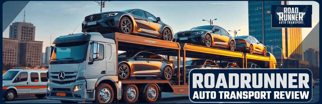 RoadRunner Auto Transport review banner with a car carrier hauling orange sports cars in a city