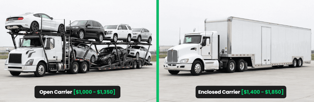 Open car carrier at $1,000 to $1,350 next to an enclosed carrier at $1,400 to $1,850 for Miami to Chicago