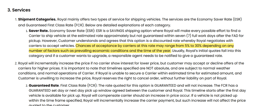 Royal Auto Ship Terms and Conditions, Section 3, showing the Economy Saver Rate clause that says carrier acceptance may range from 5% to 30%